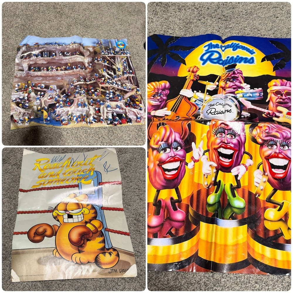 Vintage Poster Lot Smurfs California Raisins Garfield 80s 90s Wall Art